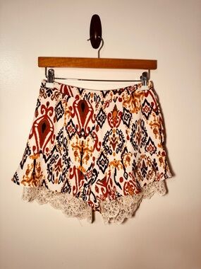 Hayden Boho Cream Shorts with Rust and Mustard Ikat Print & Peekaboo Lace Hem